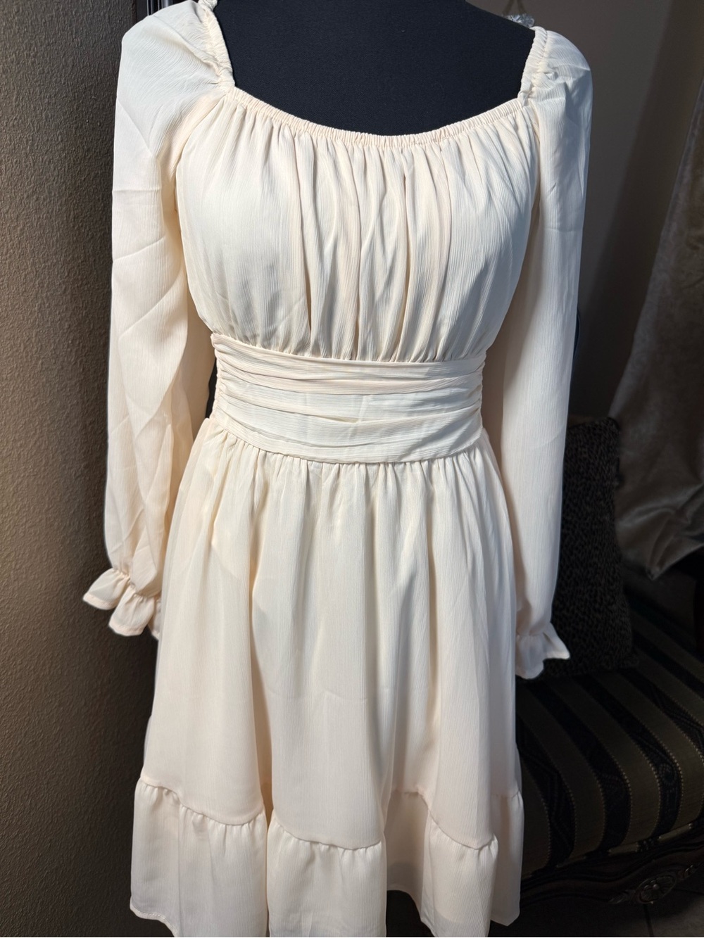 Women's Light Peach Long-Sleeve Smocked Waist Dress